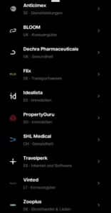Das Bild zeigt eine Liste von 10 Firmen des EQT Nexus ELTIF bei Trade Republic