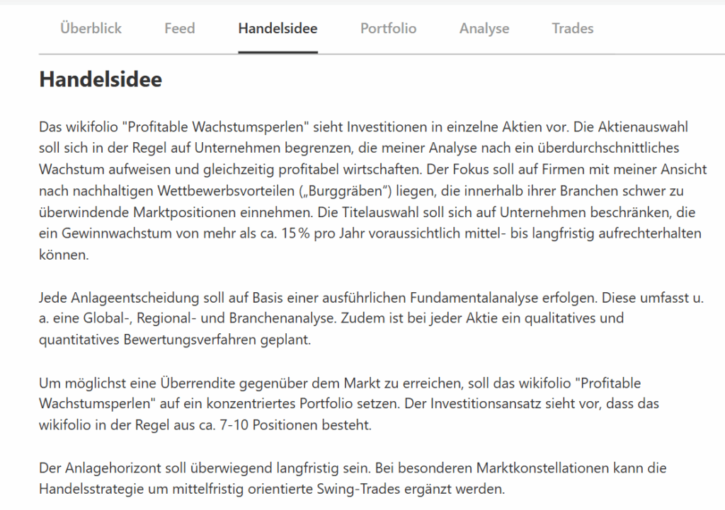 Handelsidee beschreiben bei Wikifolio