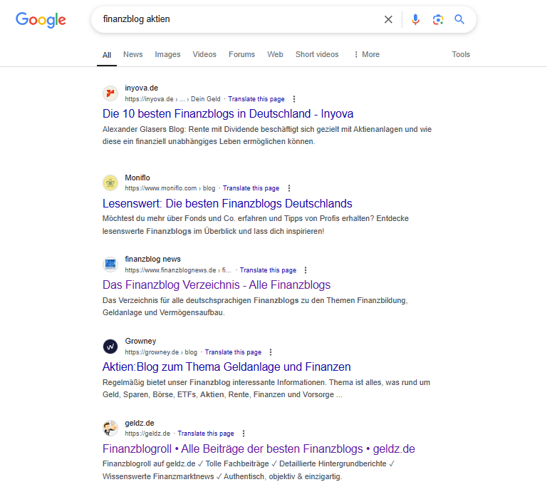 Google Suche nach Schlagwort "Finanzblog Aktien"