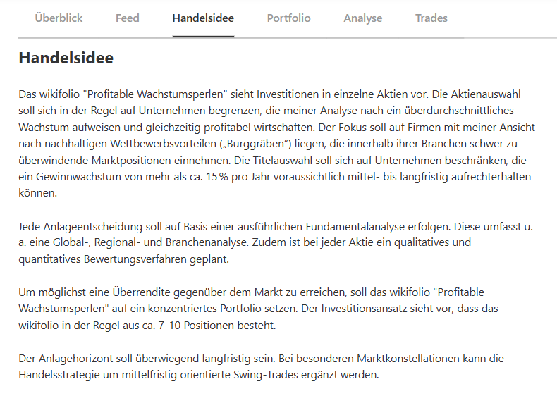 Handelsidee des Finanzpedale Wikifolio Profitable Wachstumsperlen