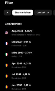 Auszug einer Liste an handelbarer Staatsanleihen in der Trade Republic App